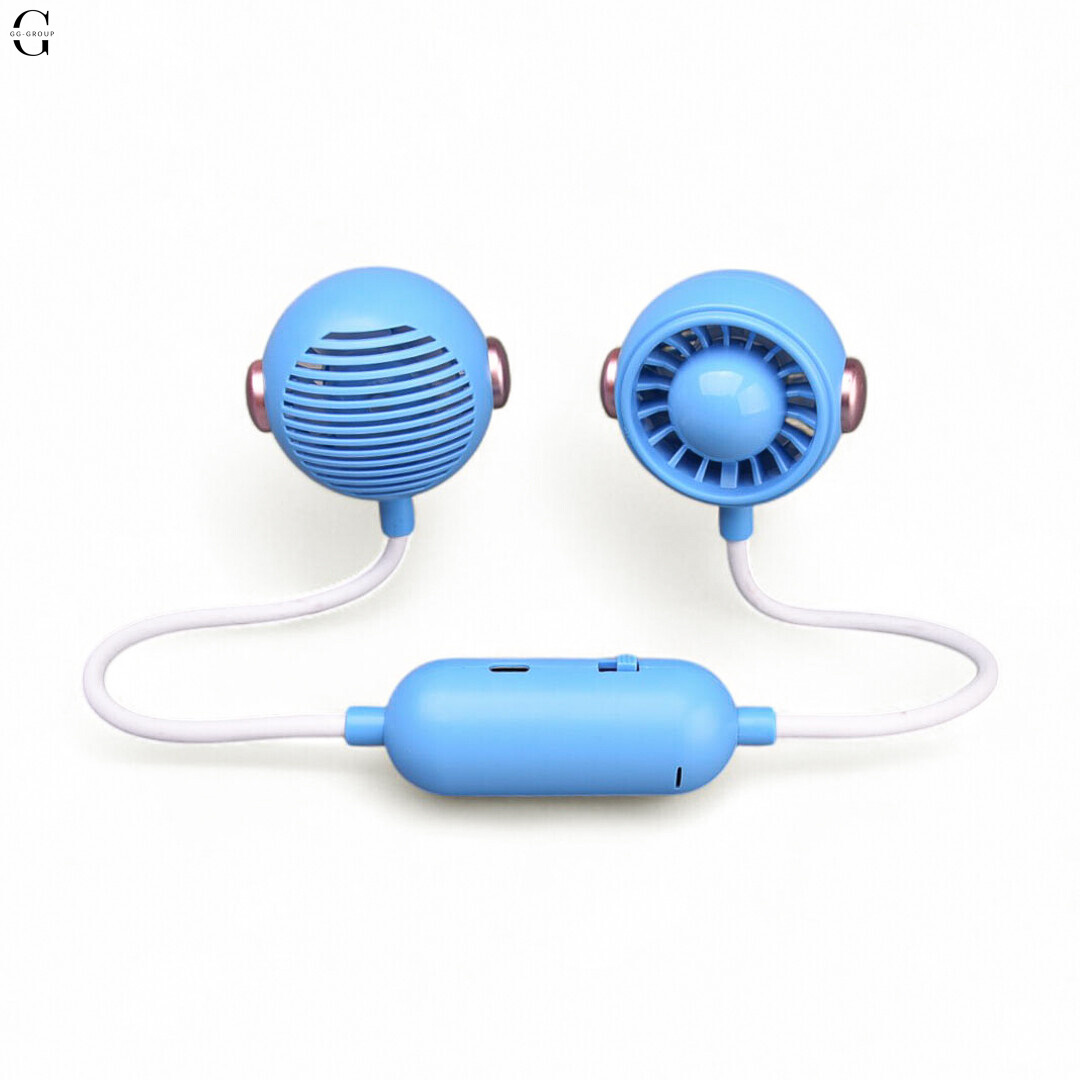 Портативний подвійний вентилятор на шию MK 5672, 60 см, акумулятор, USB Type-C, 2 режими Синій